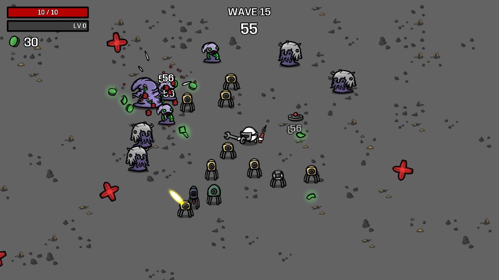Mid-game chaos with multiple weapons and enemy swarms
