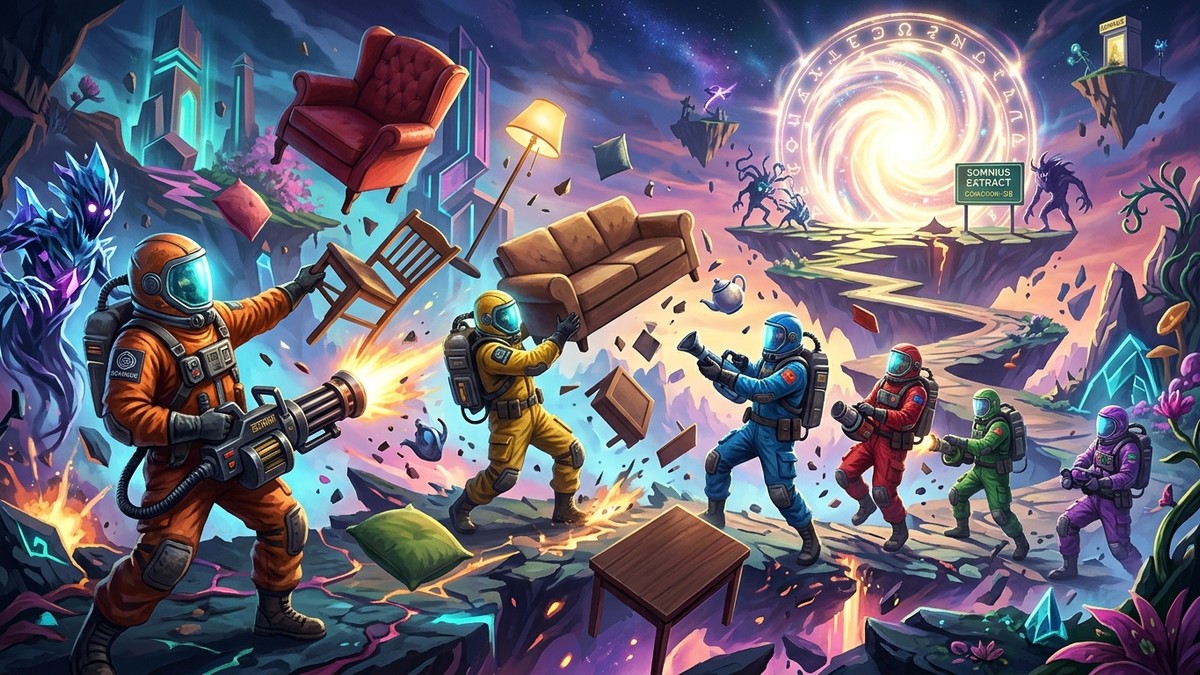 SOMNIUS Launches a Six-Player Co-op Extraction Game Where Furniture Is Ammunition — original editorial gaming news illustration